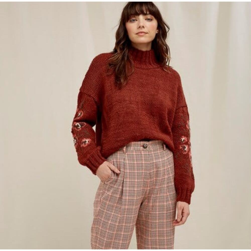 People Tree Brown Boxy Floral Sleeve Fair Trade Handcrafted 100% Wool Sweater S